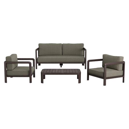 Kona 4-Piece Outdoor Teak with sofa, armchairs, coffee table in dark frame olive cushions on Tampa Home & Garden Store