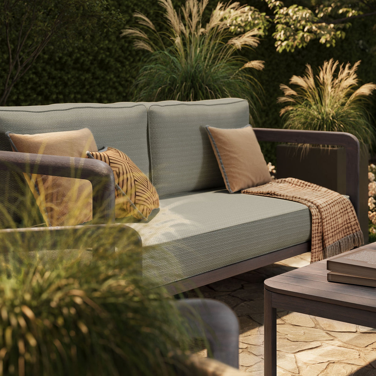 Kona 4-Piece Outdoor Teak Wood Furniture Set with gray cushions, sofa sectional by HouseOfZazla on Tampa Home & Garden Store