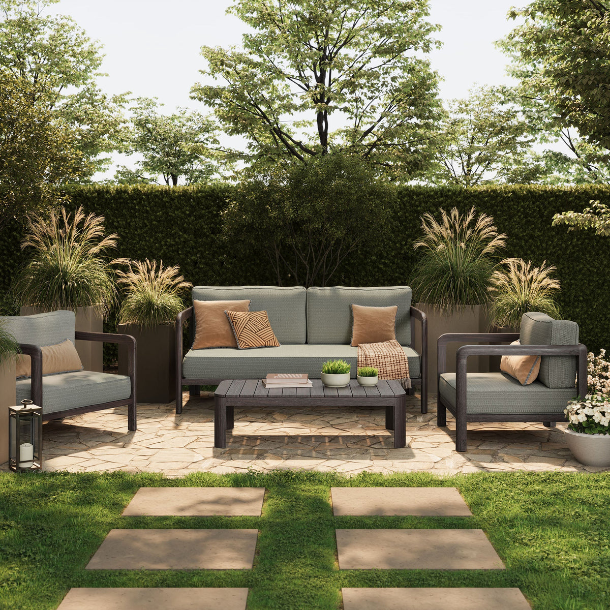 Kona 4-Piece outdoor teak sofa sectional by Modway with gray cushions and tan pillows on Tampa Home & Garden Store