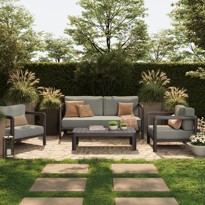 Kona 4-Piece outdoor teak sofa sectional by Modway with gray cushions and tan pillows on Tampa Home & Garden Store