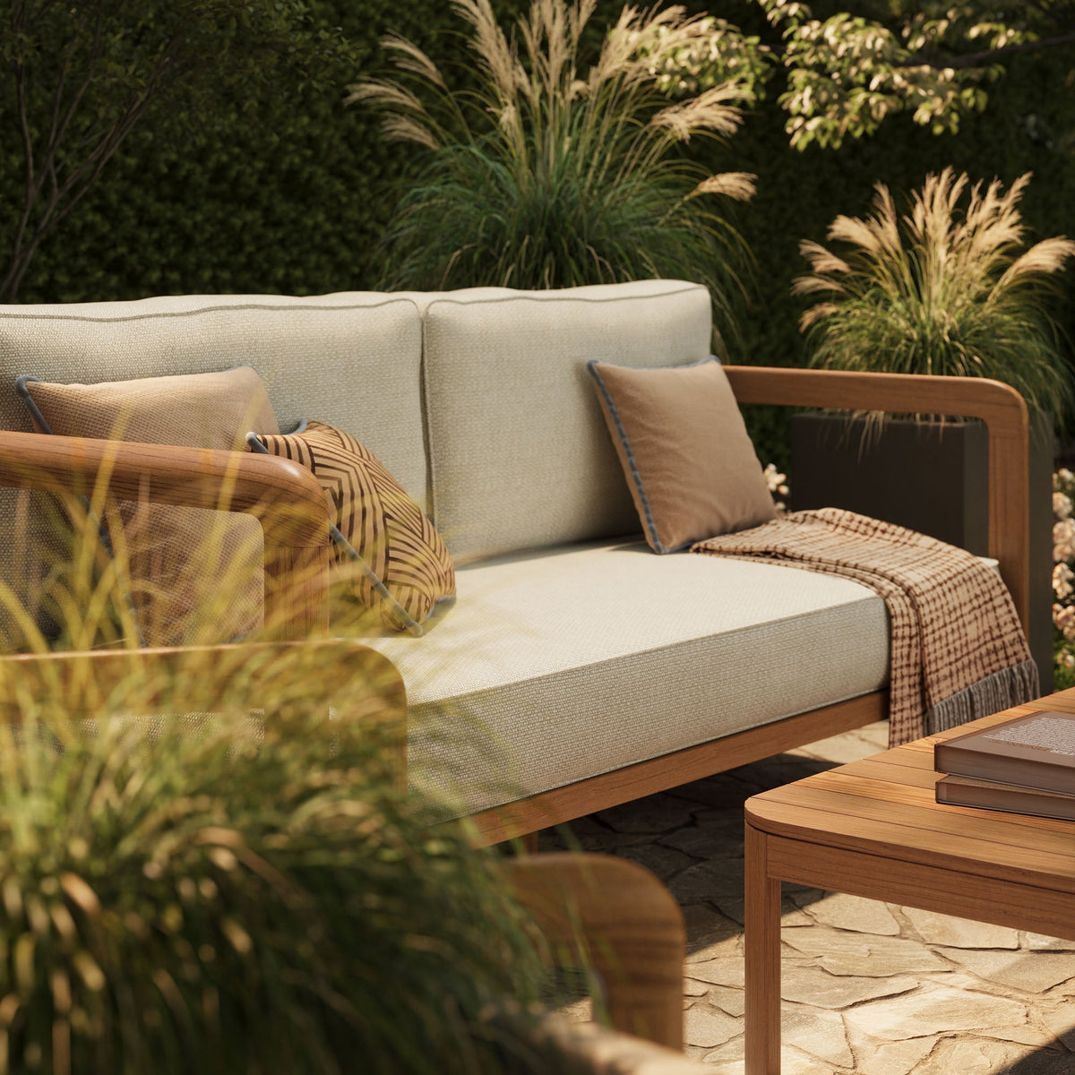 Kona 4-Piece outdoor teak wood furniture set with beige cushions and coffee table by Modway on Tampa Home & Garden Store