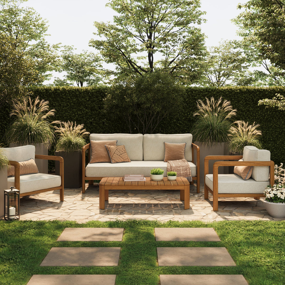 Kona 4-Piece outdoor teak wood sofa set with beige cushions on Tampa Home & Garden Store
