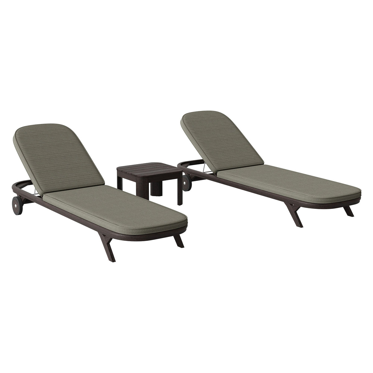 Kona 3-Piece Outdoor Teak Lounge Set by Modway, two chaise lounges with olive-gray cushions on Tampa Home & Garden Store
