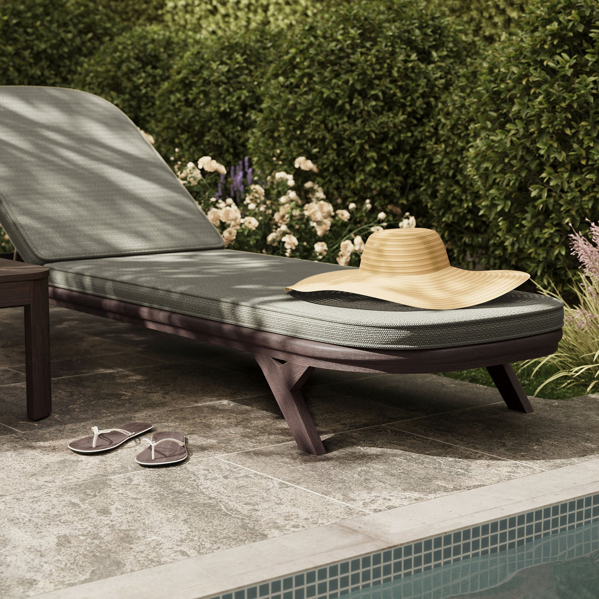 Kona 3-Piece Outdoor Teak Wood Chaise Lounge Set with gray cushions poolside on Tampa Home & Garden Store