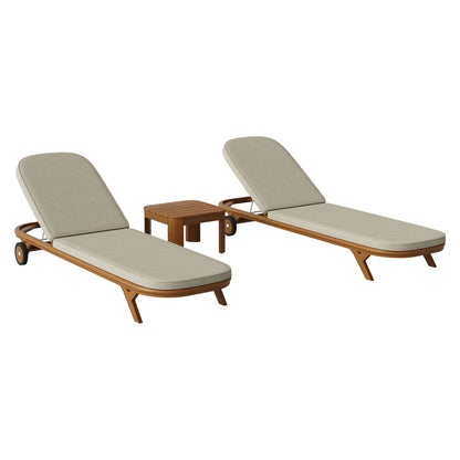 Kona 3-Piece Outdoor Teak Wood Chaise Lounge Set with beige cushions and side table on Tampa Home & Garden Store