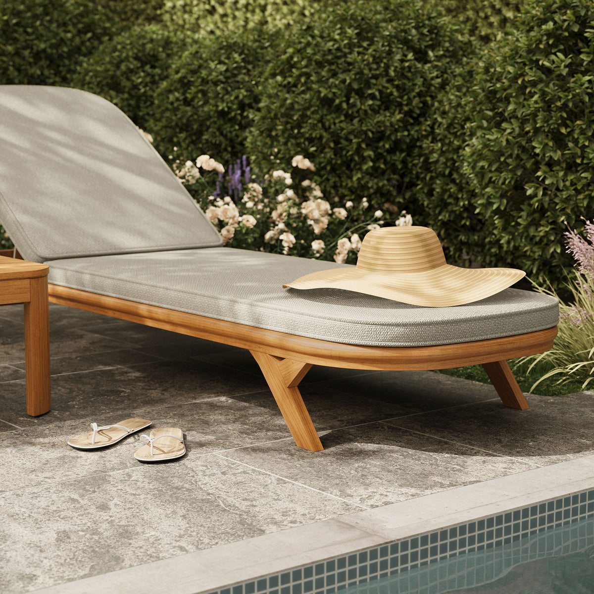 Kona 3-Piece outdoor teak chaise lounge set with grey cushions on a teak frame on Tampa Home & Garden Store