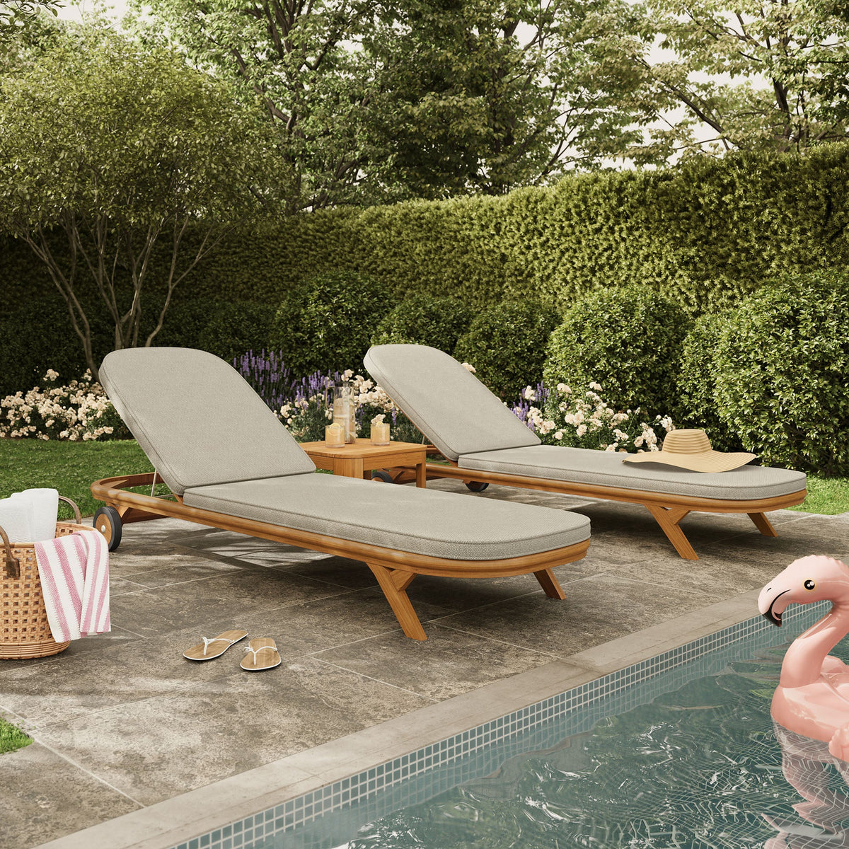 Kona 3-piece teak chaise lounge set with gray cushions, poolside with a wooden table on Tampa Home & Garden Store