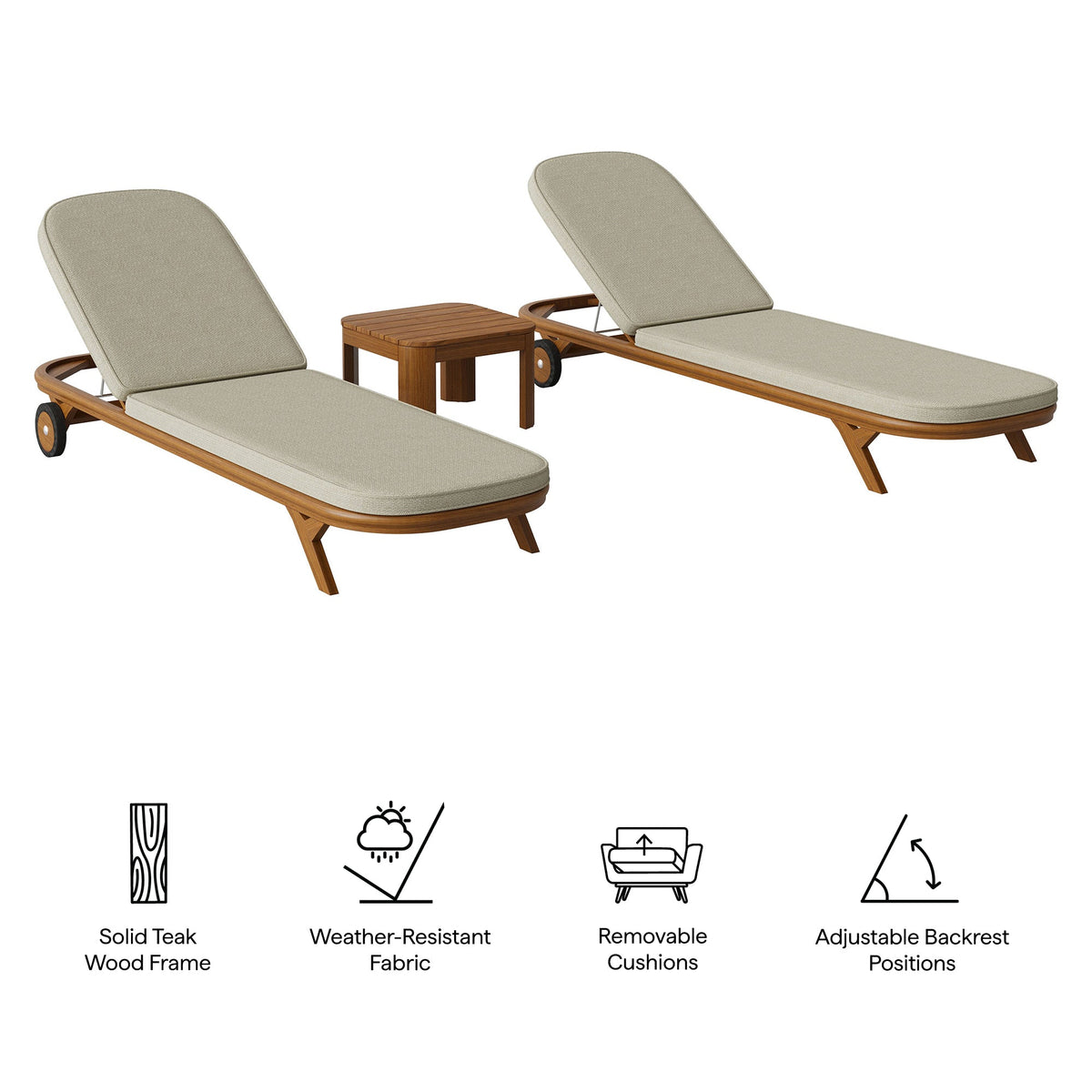 Kona 3-Piece Outdoor Teak Chaise Lounge Set with beige cushions and a square teak table on Tampa Home & Garden Store