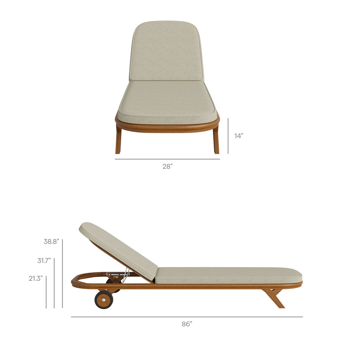 Kona outdoor chaise lounge with teak wood frame and beige cushion by Modway, 86 inches long on Tampa Home & Garden Store
