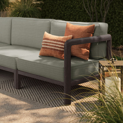 Kona 3-Piece Teak Wood Modular Sofa Set with gray cushions and two orange pillows on Tampa Home & Garden Store