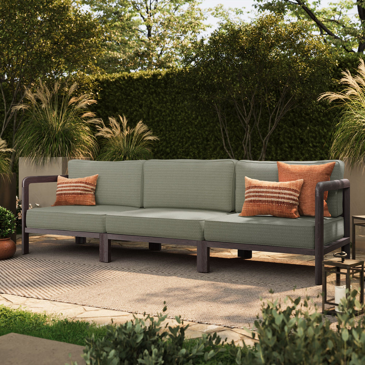 Kona 3-Piece outdoor teak wood modular sofa set with sage cushions and orange pillows by Modway on Tampa Home & Garden Store