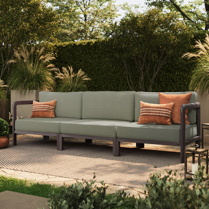 Kona 3-Piece outdoor teak wood modular sofa set with sage cushions and orange pillows by Modway on Tampa Home & Garden Store