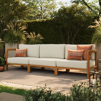 Modway Kona 3-Piece outdoor teak sofa set with beige cushions and orange pillows on Tampa Home & Garden Store