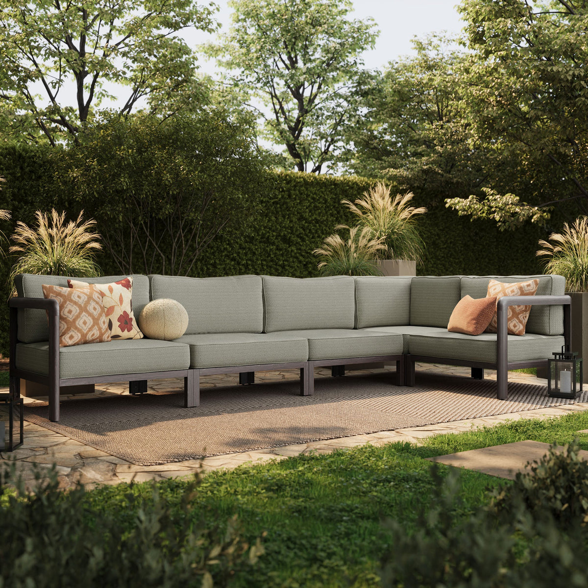 Kona L-shaped outdoor teak wood modular sofa by Modway with gray cushions and orange pillows on Tampa Home & Garden Store