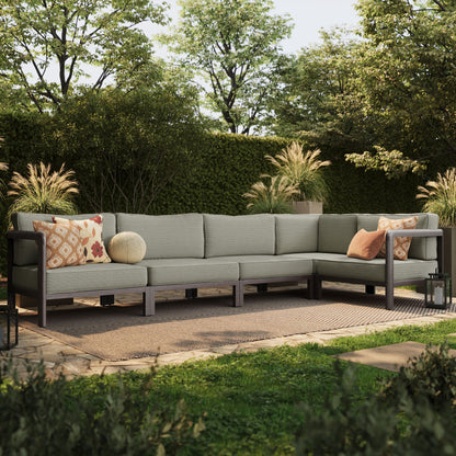 Kona L-shaped outdoor teak wood modular sofa by Modway with gray cushions and orange pillows on Tampa Home & Garden Store