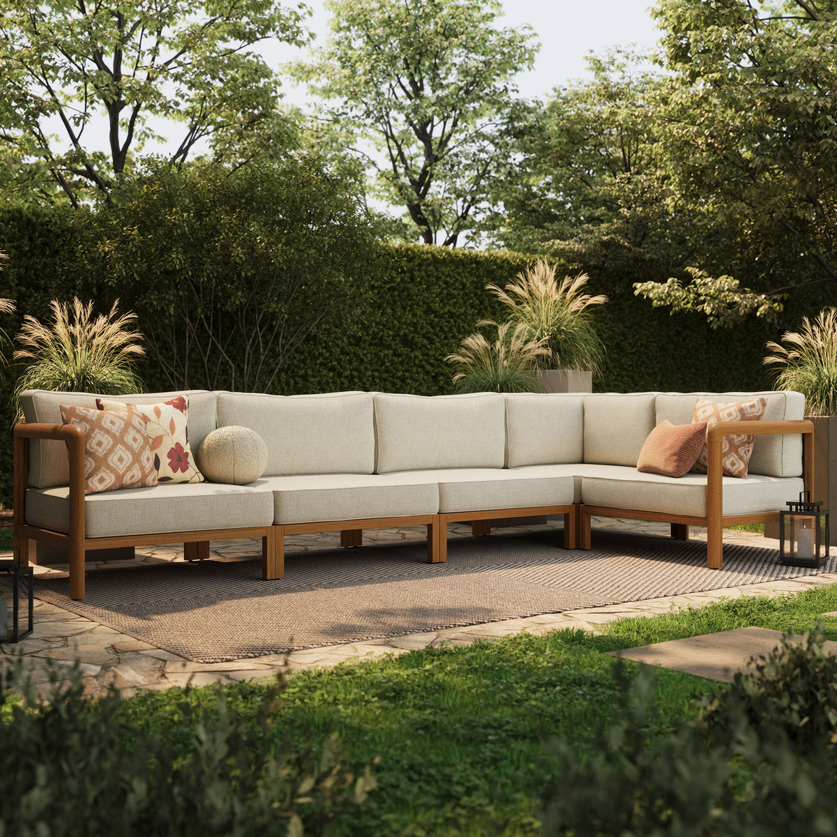 Kona L-Shaped Outdoor Patio Teak Wood Modular Sofa with beige cushions on Tampa Home & Garden Store