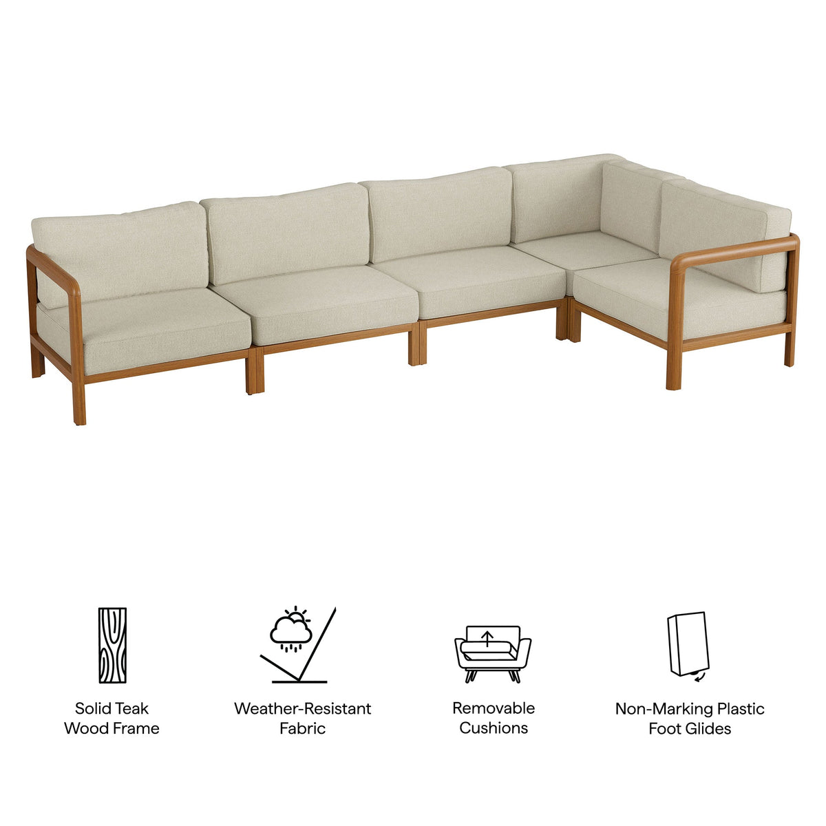 Kona L-shaped outdoor teak wood modular sofa with beige cushions, corner sectional by Modway on Tampa Home & Garden Store