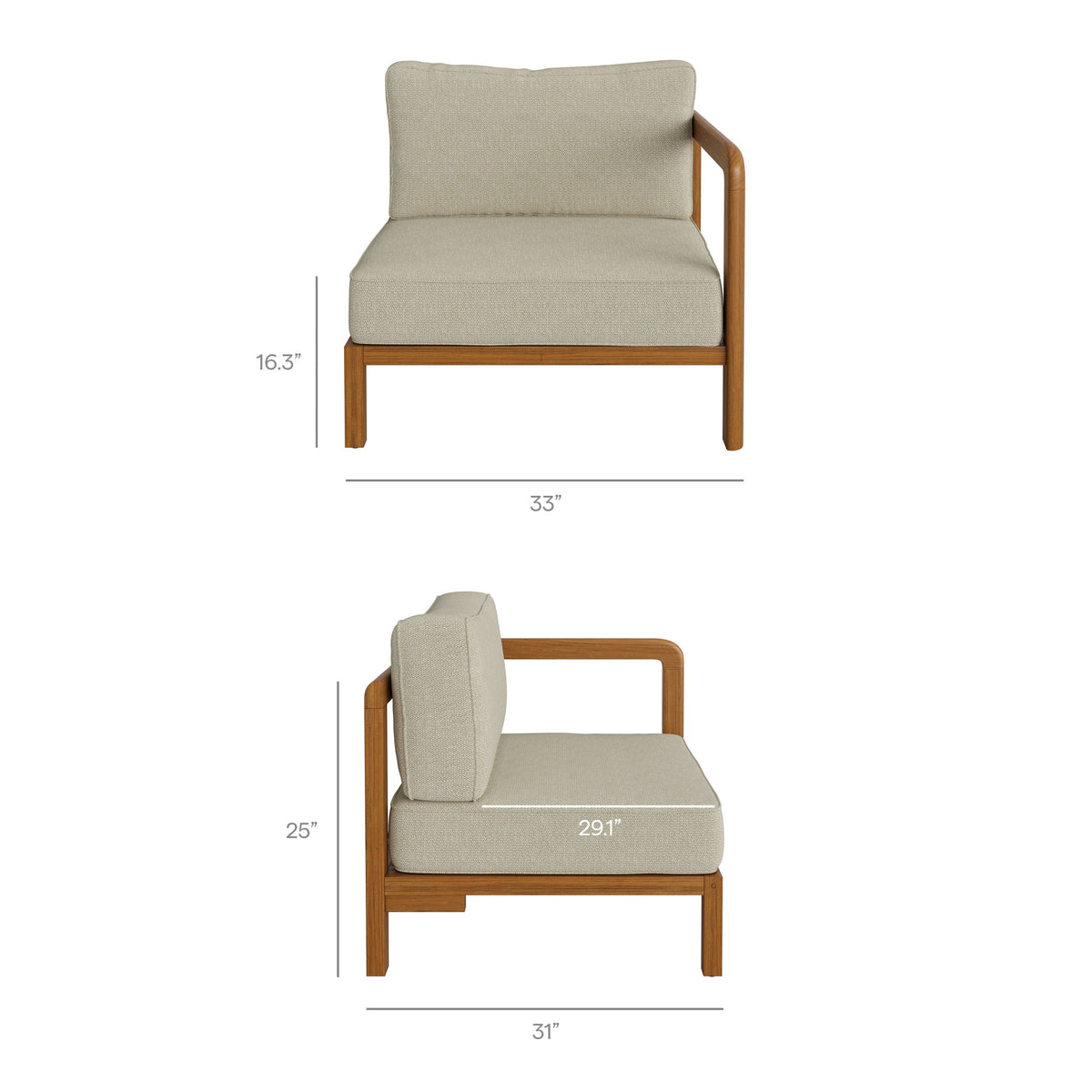 Kona L-Shaped outdoor teak wood modular sofa with beige cushions on Tampa Home & Garden Store