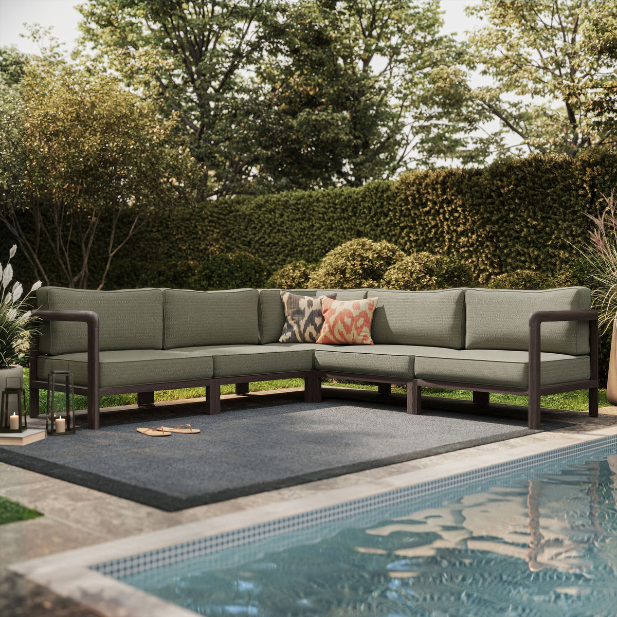 Kona 5-Piece Outdoor Teak Wood Corner Modular Sofa with olive cushions and pillows on Tampa Home & Garden Store