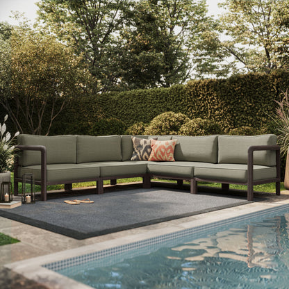 Kona 5-Piece Outdoor Teak Wood Corner Modular Sofa with olive cushions and pillows on Tampa Home & Garden Store