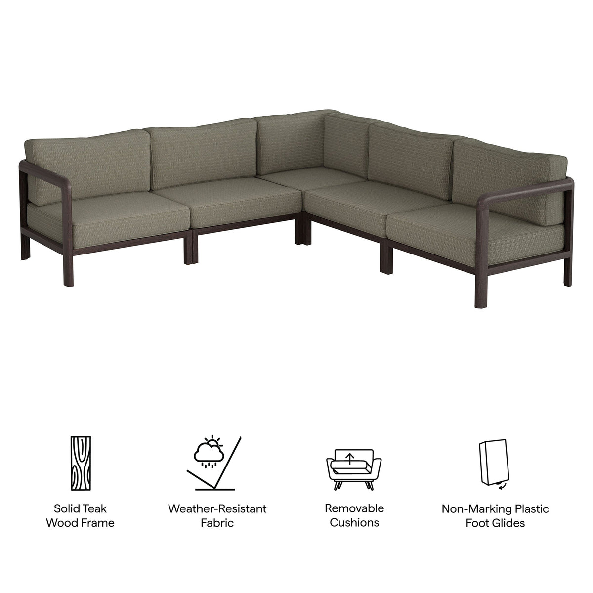 Kona 5-Piece Outdoor Teak Corner Modular Sofa with taupe cushions and dark wood frame on Tampa Home & Garden Store