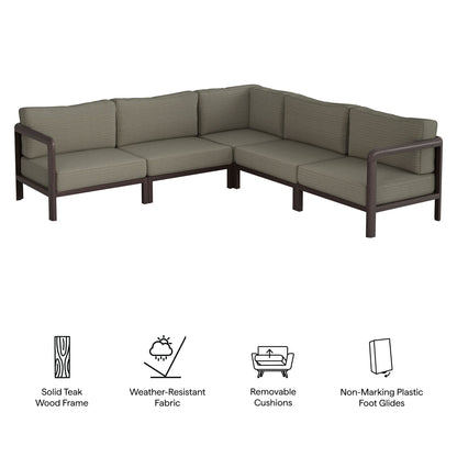 Kona 5-Piece Outdoor Teak Corner Modular Sofa with taupe cushions and dark wood frame on Tampa Home & Garden Store