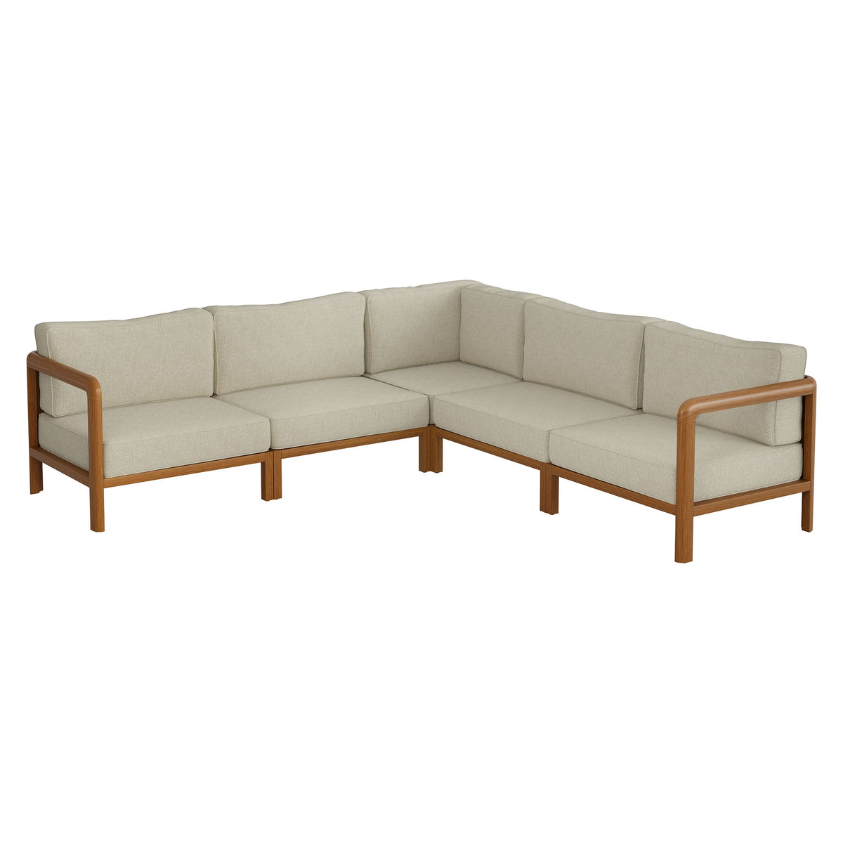 Kona 5-Piece Outdoor Teak Wood Corner Modular Sofa with beige cushions and wood frame on Tampa Home & Garden Store