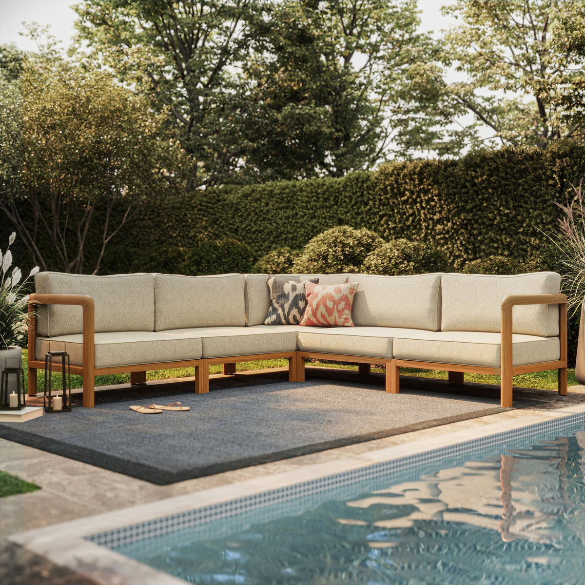 Kona 5-Piece Outdoor Patio Teak Wood Corner Modular Sofa with beige cushions by Modway on Tampa Home & Garden Store