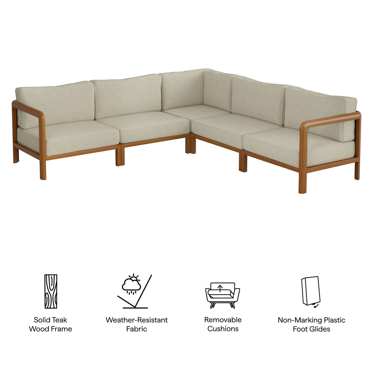 Kona 5-Piece Outdoor Teak Wood Corner Modular Sofa with beige cushions by HouseOfZazla on Tampa Home & Garden Store