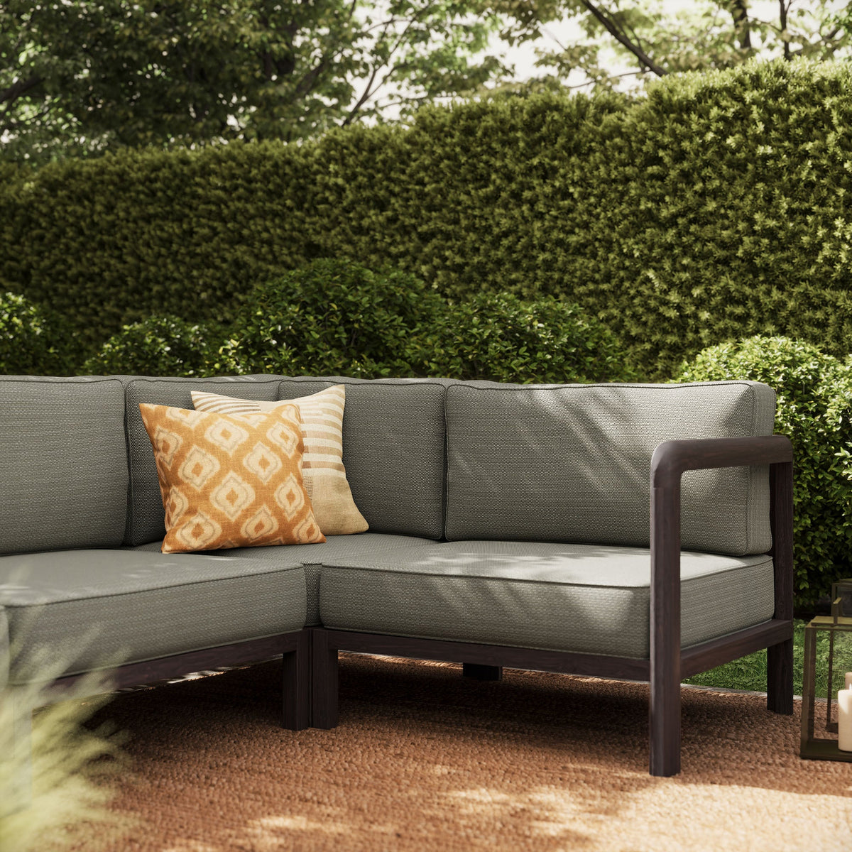 Kona 6-Piece Outdoor Teak Wood Modular Sofa with gray cushions and wood frame; pillows on Tampa Home & Garden Store