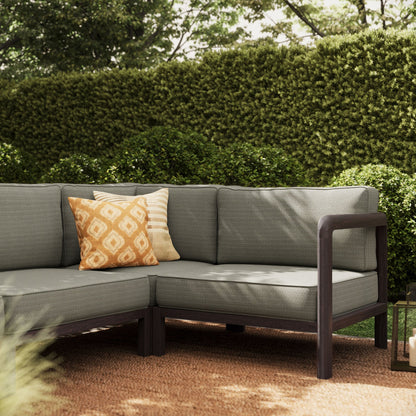 Kona 6-Piece Outdoor Teak Wood Modular Sofa with gray cushions and wood frame; pillows on Tampa Home & Garden Store