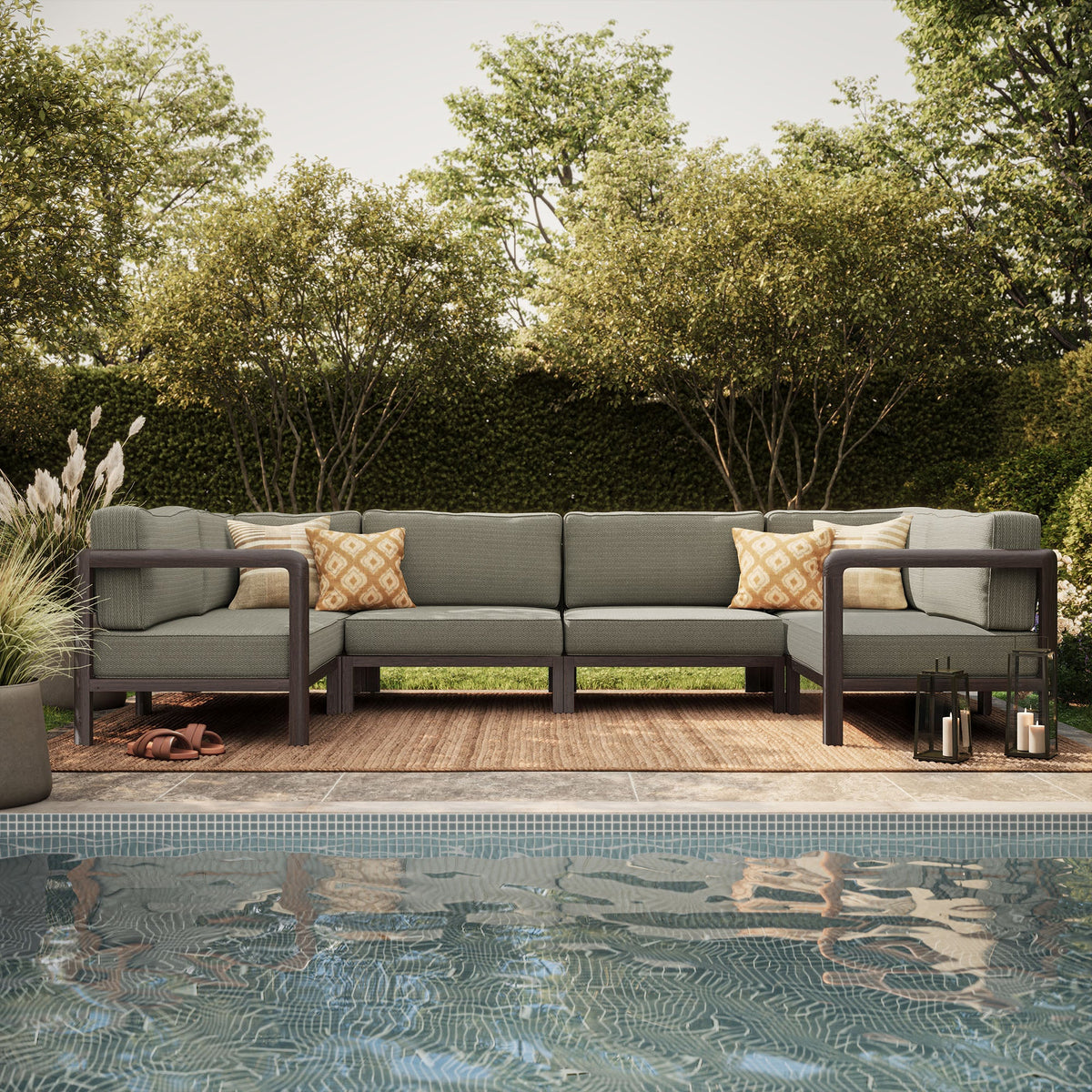 Kona 6-Piece outdoor teak wood modular sofa by Modway with gray cushions and yellow pillows on Tampa Home & Garden Store