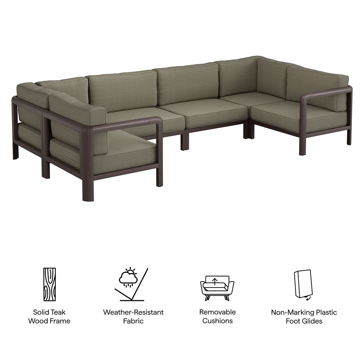 Kona 6-Piece Outdoor Patio Teak Wood Modular Sofa with taupe cushions by Modway on Tampa Home & Garden Store