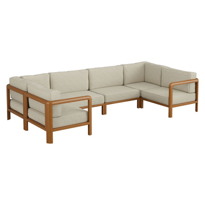 Kona 6-piece outdoor teak wood modular sofa with beige cushions and wooden arm frames on Tampa Home & Garden Store