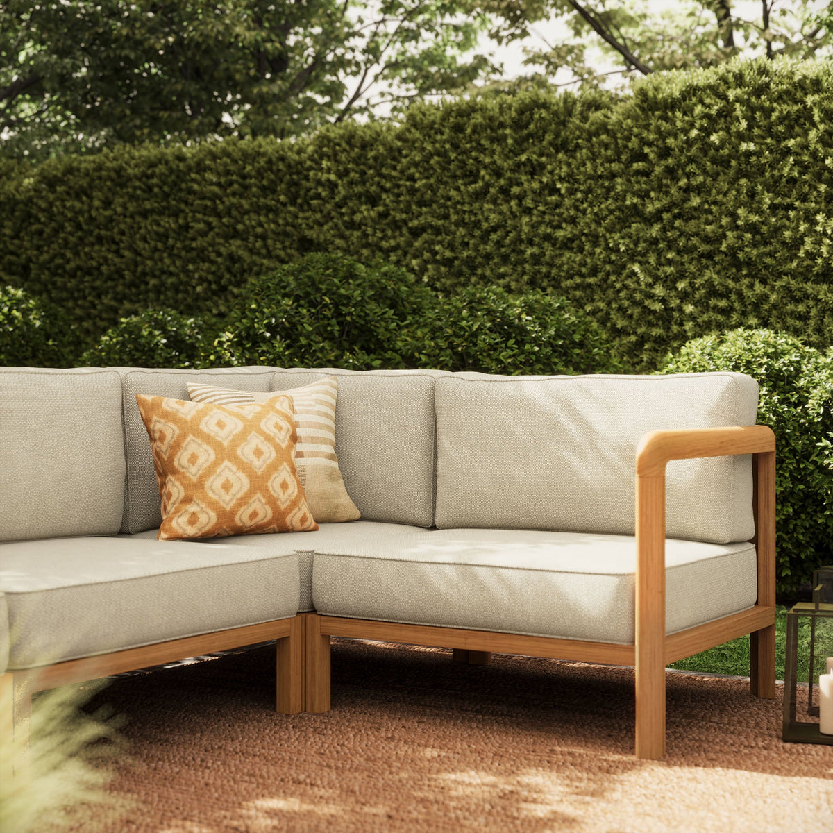 Kona 6-Piece Outdoor Teak Wood Modular Sofa with cushions and orange pillows by Modway on Tampa Home & Garden Store