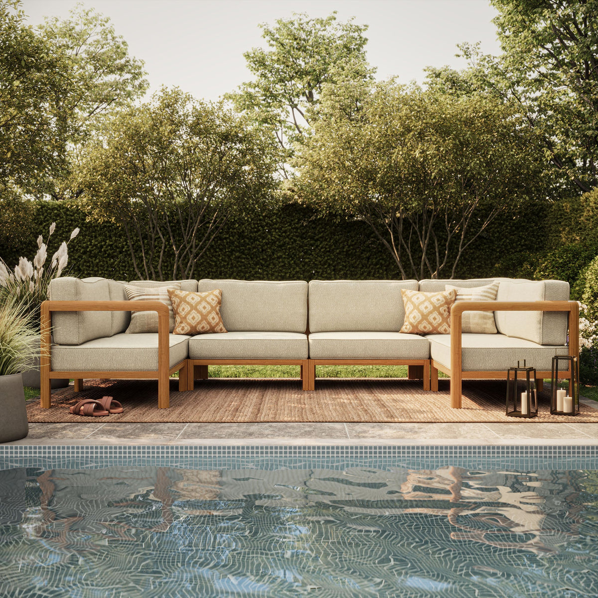 Kona 6-Piece Outdoor Patio Teak Wood Modular Sofa with beige cushions and patterned pillows on Tampa Home & Garden Store