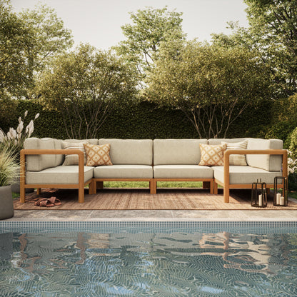 Kona 6-Piece Outdoor Patio Teak Wood Modular Sofa with beige cushions and patterned pillows on Tampa Home & Garden Store