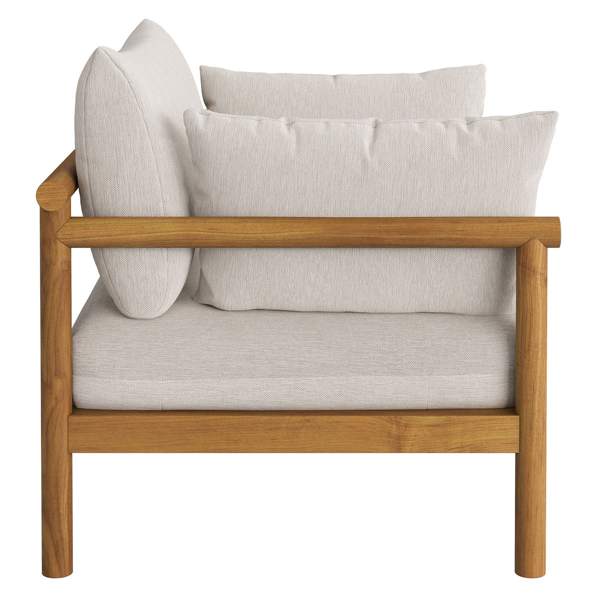 Eleni outdoor teak wood armchair by Modway with beige woven cushions, patio seating on Tampa Home & Garden Store
