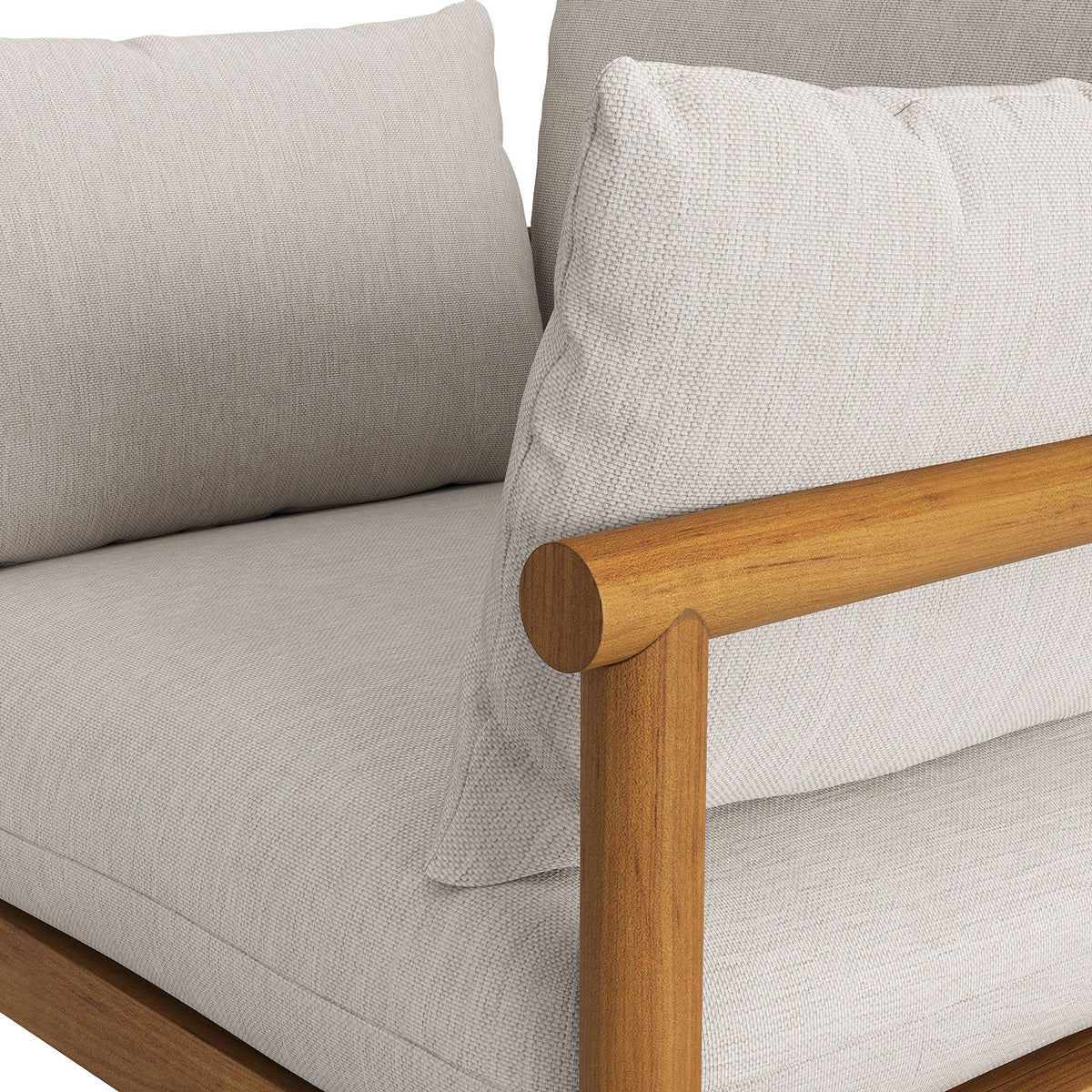 Eleni outdoor teak wood armchair by Modway with beige woven cushions and teak armrest on Tampa Home & Garden Store