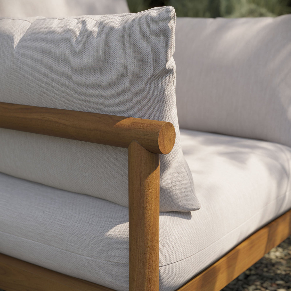 Eleni outdoor teak wood armchair by Modway with beige woven cushions and wood frame on Tampa Home & Garden Store