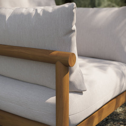 Eleni outdoor teak wood armchair by Modway with beige woven cushions and wood frame on Tampa Home & Garden Store
