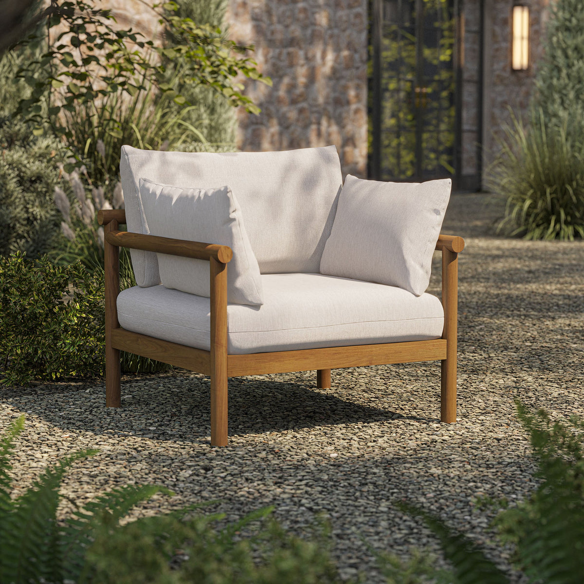 Eleni patio teak wood armchair with ivory cushions, natural wood frame by HouseOfZazla on Tampa Home & Garden Store