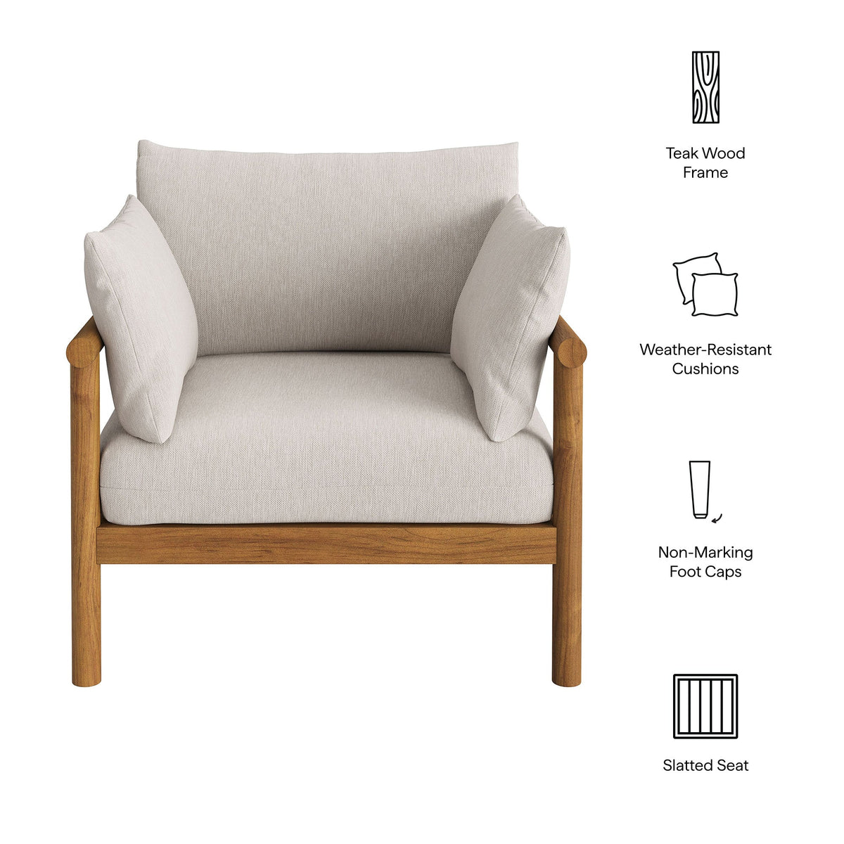Eleni Outdoor Patio Teak Wood Armchair with beige weather-resistant cushions and teak frame on Tampa Home & Garden Store