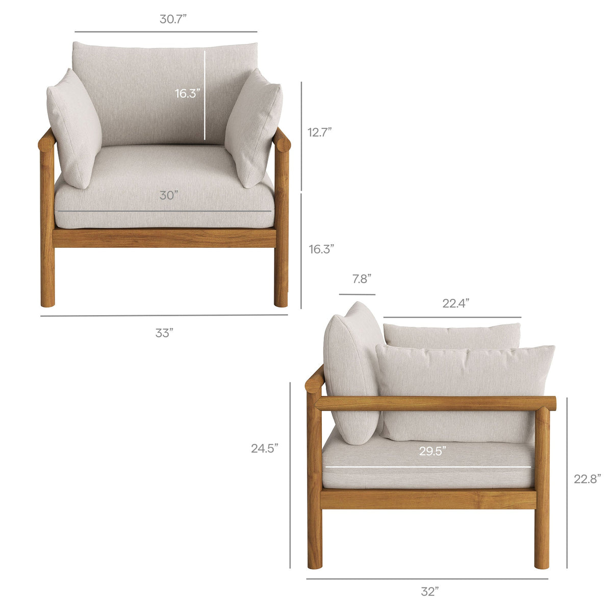 Eleni outdoor teak wood armchair with beige fabric cushions and wood frame by Modway on Tampa Home & Garden Store