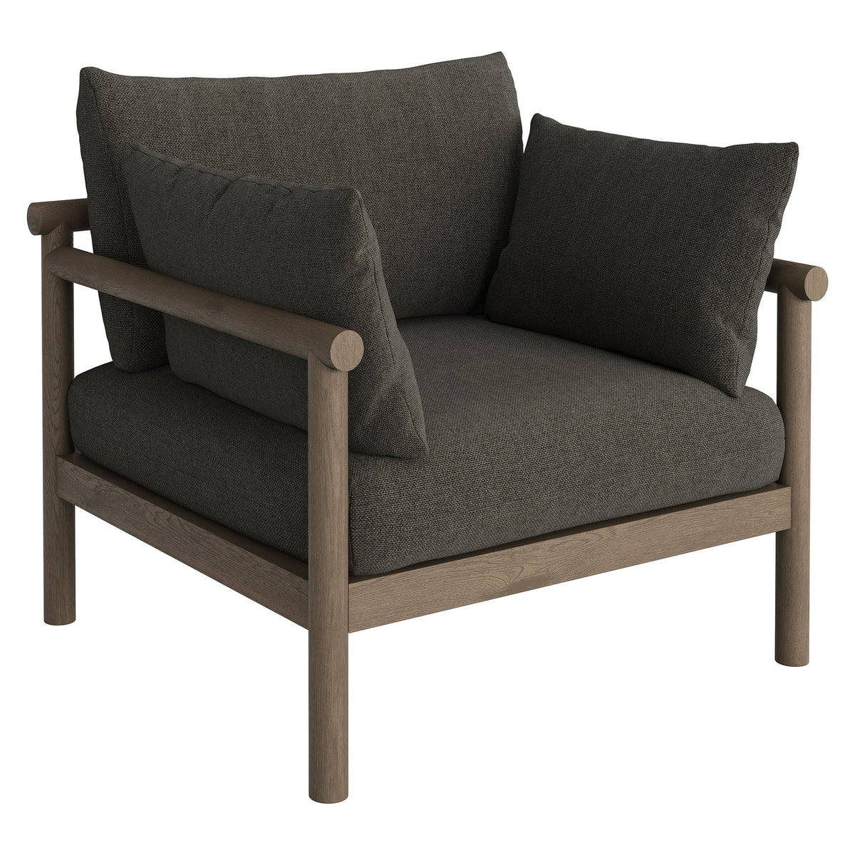 Eleni 2-Piece outdoor patio teak wood armchair and ottoman set with dark charcoal cushions on Tampa Home & Garden Store