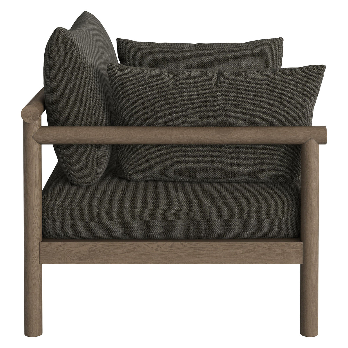 Eleni outdoor patio teak wood armchair with charcoal gray textured cushions on Tampa Home & Garden Store