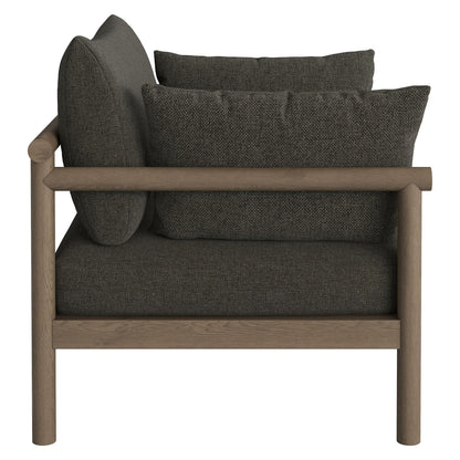 Eleni outdoor patio teak wood armchair with charcoal gray textured cushions on Tampa Home & Garden Store
