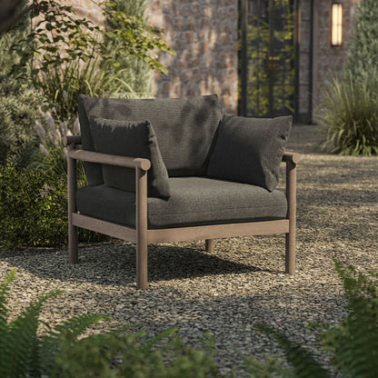 Eleni outdoor teak wood armchair with dark gray cushions for patio on Tampa Home & Garden Store