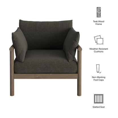 Eleni outdoor teak wood armchair with dark charcoal cushions; teak frame on Tampa Home & Garden Store