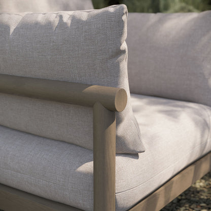 Eleni outdoor teak wood armchair with beige textured cushions on Tampa Home & Garden Store